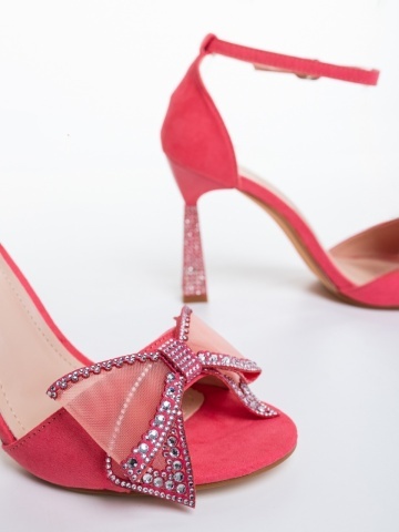 Sandale dama cu toc roz din material textil Veana - Img 5