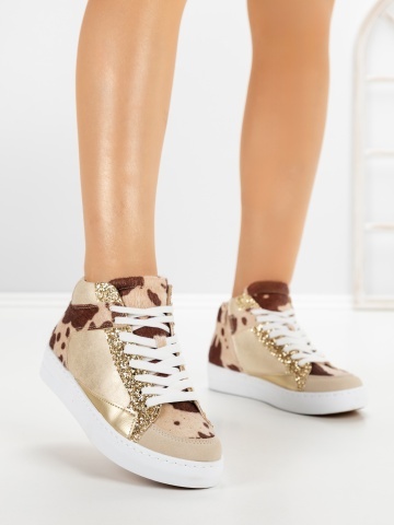 Sneakers dama albi cu maro deschis si auriu Ducora