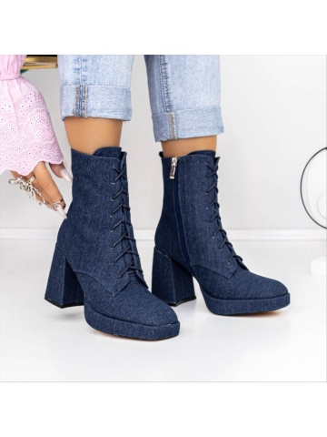 Botine dama cu toc albastre inchis din material textil Varai