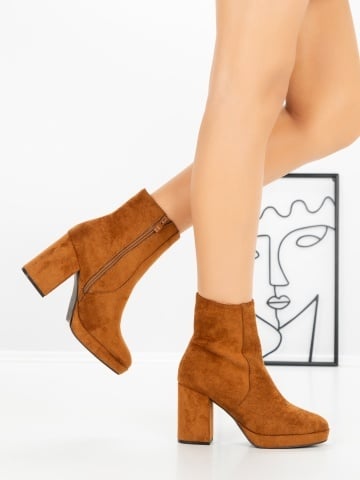 Botine dama cu toc gros si platforma maro deschis din material textil Epaerra - Img 2