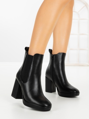 Botine dama cu toc gros si platforma negre din piele ecologica Amoryn