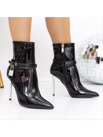 Botine dama cu toc negre din piele ecologica lacuita Cauda