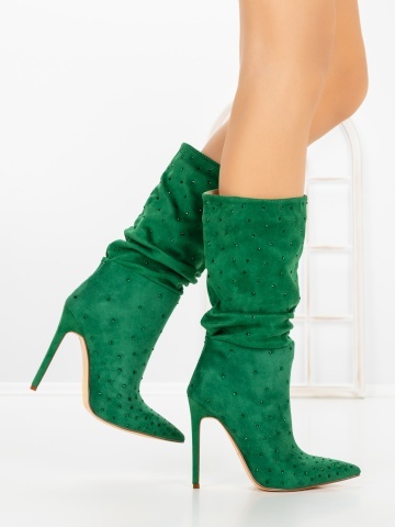 Botine dama cu toc subtire verzi din material textil Eladira - Img 6