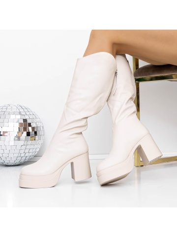 Cizme dama cu toc bej din piele ecologica Izada