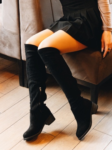 Cizme dama cu toc negre din material textil Themara