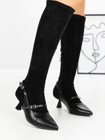 Cizme dama cu toc subtire negre din piele ecologica si material textil Raylin
