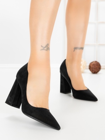 Pantofi cu toc gros negri din material textil Rossela