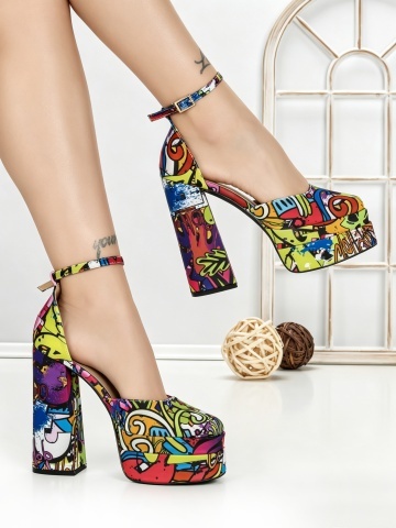 Pantofi cu toc gros si platforma rosii cu galben din material textil Ismeria - Img 4
