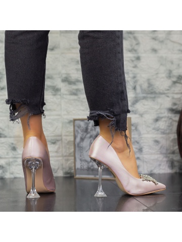 Pantofi cu toc subtire bej din material textil Cisrys - Img 5