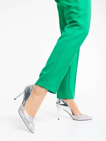 Pantofi dama argintii din material textil Shaneka