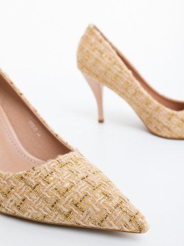 Pantofi dama cu toc bej din material textil Vicara - Img 6