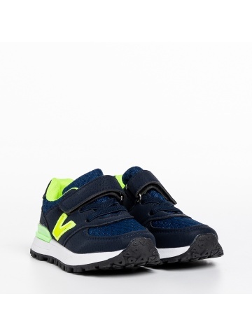Pantofi sport copii albastri cu verde din piele ecologica Rockie