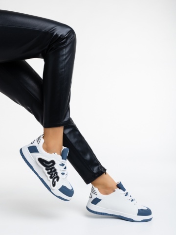 Pantofi sport dama albi cu albastru din piele ecologica Azurine