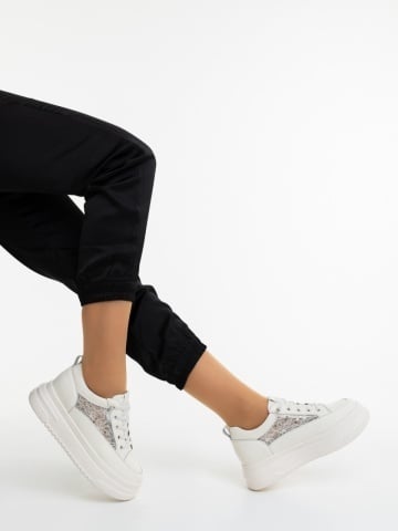Pantofi sport dama albi din piele ecologica si material textil Monai
