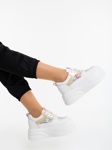 Pantofi sport dama cu platforma albi cu roz din piele ecologica Trinka - Img 3