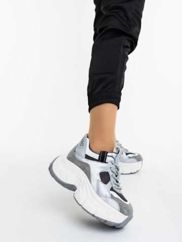 Pantofi sport dama negri cu argintiu din material textil Lavumi