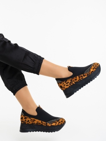 Pantofi sport dama negri cu leopard din material textil Relena