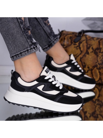 Pantofi sport dama negri din material textil si piele ecologica Eqarira