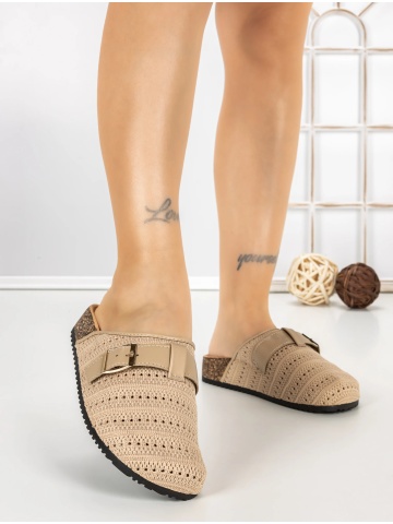 Papuci dama cu talpa joasa kaki din material textil si piele ecologica Liorah