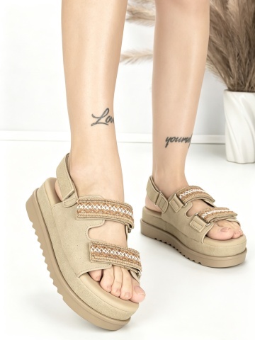 Sandale dama cu platforma kaki din piele ecologica si material textil Renalia