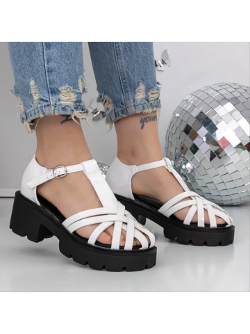 Sandale dama cu toc si platforma albe din piele ecologica lacuita Starla