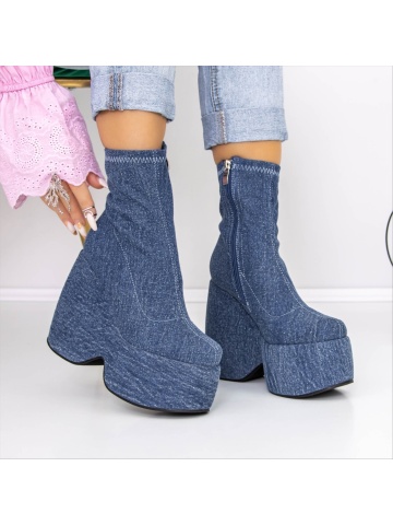 Botine dama cu platforma albastre inchis din material textil Samata