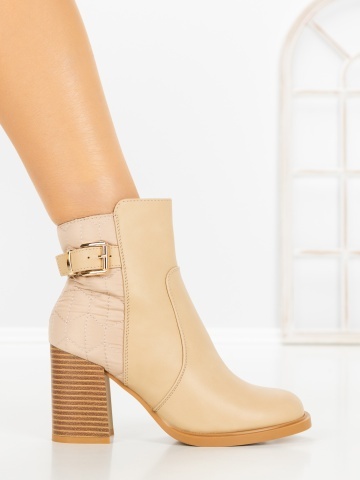 Botine dama cu toc gros bej din piele ecologica si material textil Anowen - Img 5
