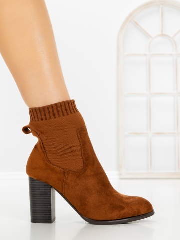 Botine dama cu toc gros maro deschis din material textil Cutira - Img 5