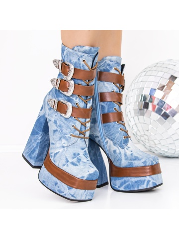 Botine dama cu toc gros si platforma albastre din material textil si piele ecologica Azbrae - Img 5