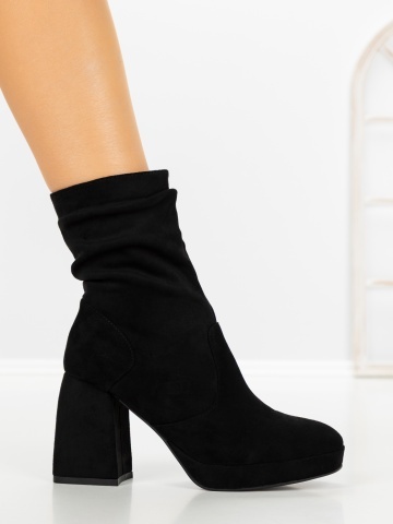 Botine dama cu toc gros si platforma negre din material textil Baisya - Img 5