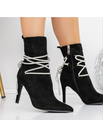 Botine dama cu toc negre din material textil Lunaris