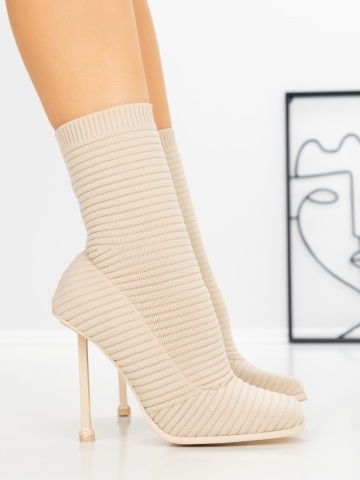 Botine dama cu toc subtire bej din material textil Evanria - Img 3