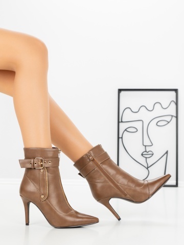Botine dama cu toc subtire kaki din piele ecologica Bilren - Img 6