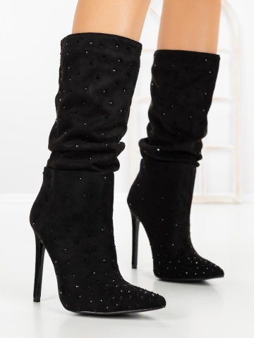 Botine dama cu toc subtire negre din material textil Eladira