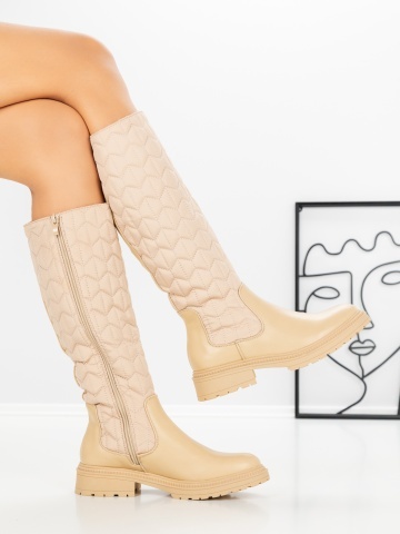 Cizme dama cu talpa joasa bej din piele ecologica si material textil Eazren - Img 4