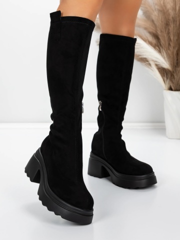 Cizme dama cu toc gros negre din material textil Edalira
