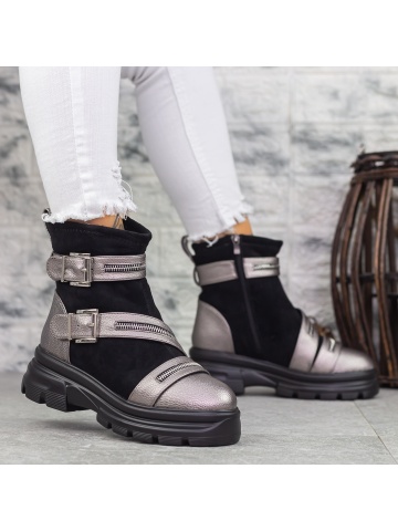 Ghete dama negre cu gri din piele ecologica Gretchen