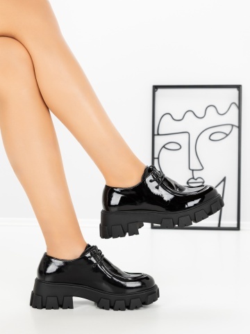 Pantofi casual dama negri din piele ecologica lacuita Duelia - Img 4