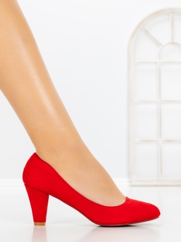 Pantofi cu toc gros rosii din material textil Marena - Img 5