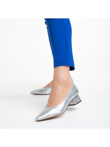 Pantofi dama argintii din material textil cu toc Ziva