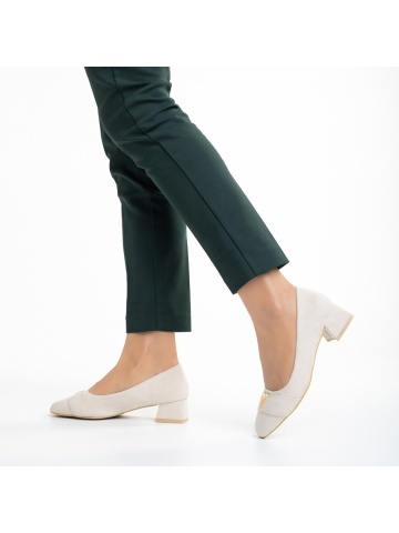 Pantofi dama bej deschis din material textil cu toc Briella - Img 4