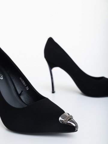 Pantofi dama cu toc negri din material textil Milaris - Img 5