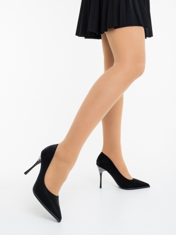 Pantofi dama cu toc negri din material textil Vidoya