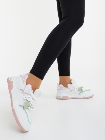 Pantofi sport dama albi cu roz din piele ecologica si material textil Lalona