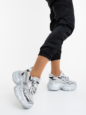 Pantofi sport dama argintii din piele ecologica si material textil Veroca