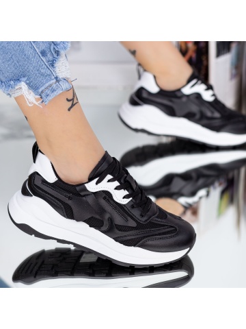 Pantofi sport dama negri din material textil si piele ecologica Esadina