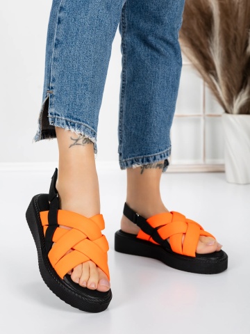 Sandale dama cu talpa joasa portocalii din material textil Adura