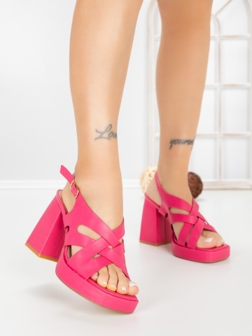 Sandale dama cu toc gros si platforma roz din piele ecologica Livenza