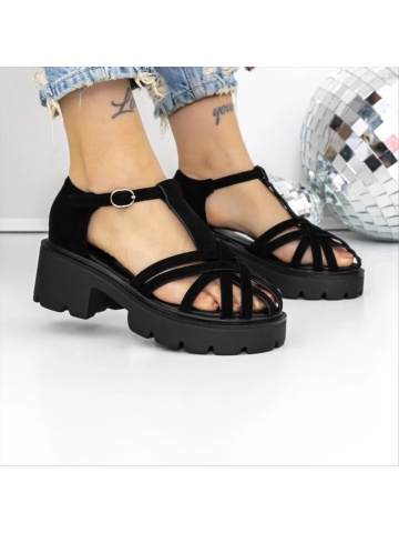 Sandale dama cu toc si platforma negre din material textil Starla