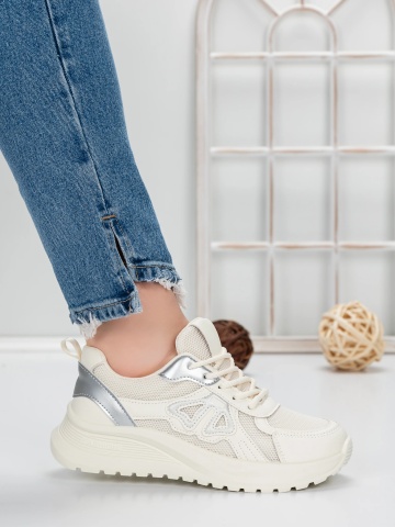 Sneakers dama albi din material textil si piele ecologica Brawria - Img 4